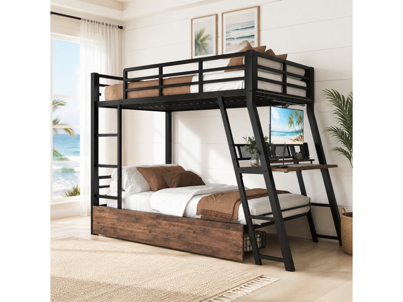 Lit mezzanine simple 90×200 cm bureau, 2 tiroirs et led réglable  - sans matelas, métal et mdf - noir  - Conforama C
