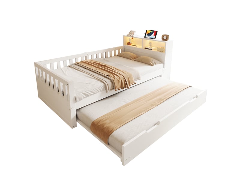  Lit gigogne avec rangement 90x200cm led usb et barrières sécurité - bois - blanc CozyNest - Conforama A