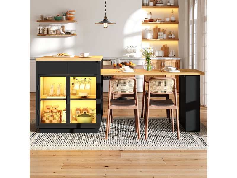  Îlot de cuisine extensible noir 122 à 194,5 cm avec 2 tiroirs et portes vitrées  - Conforama D