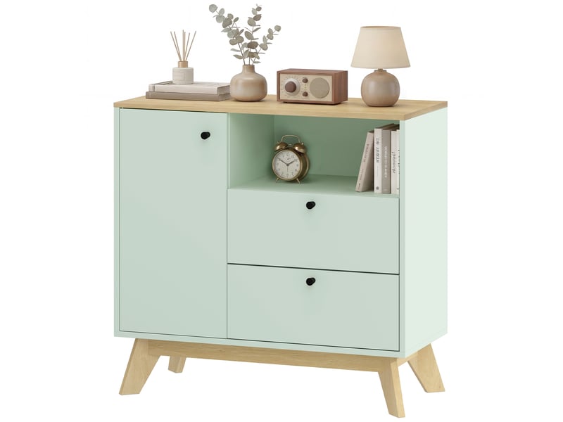  Buffet de salon, meuble de rangement avec porte, 2 tiroirs, compartiment ouvert et étagère réglable, vert clair et chêne  - Conforama B