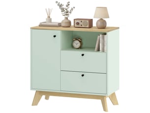 Buffet de salon, meuble de rangement avec porte, 2 tiroirs, compartiment ouvert et étagère réglable, vert clair et chêne