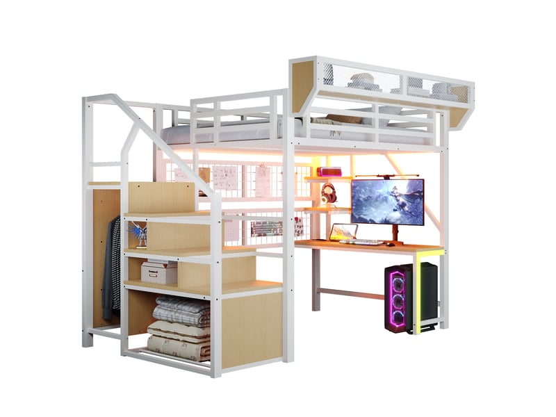  Lit mezzanine 140x200 cm avec bureau, rangements et led coloris blanc  - Conforama A