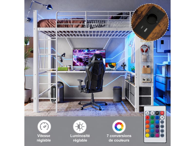  Lit mezzanine blanc 90 x 200 cm avec bureau, en métal et mdf, 4 tiroirs, led et rangements  - Conforama D
