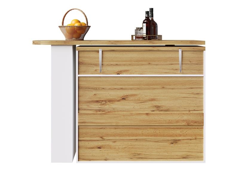  Table de bar extensible 138-204 x 39 x 104 cm blanche en mdf, pivotante avec rangements pour repas et bureau  - Conforama E