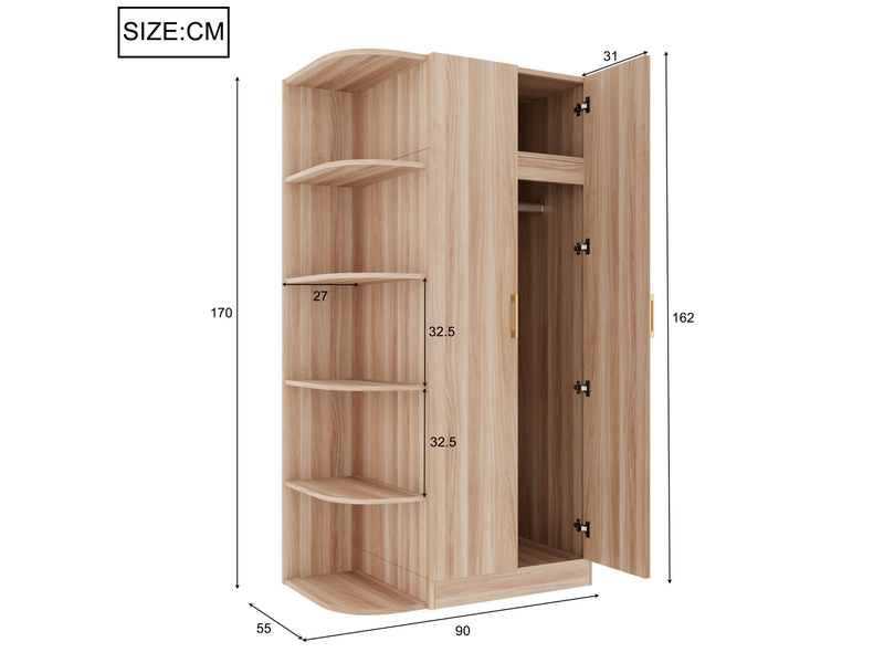  Armoire 2 portes avec étagères et tiroirs pour chambre en mdf 90×55×170 cm bois naturel  - Conforama D