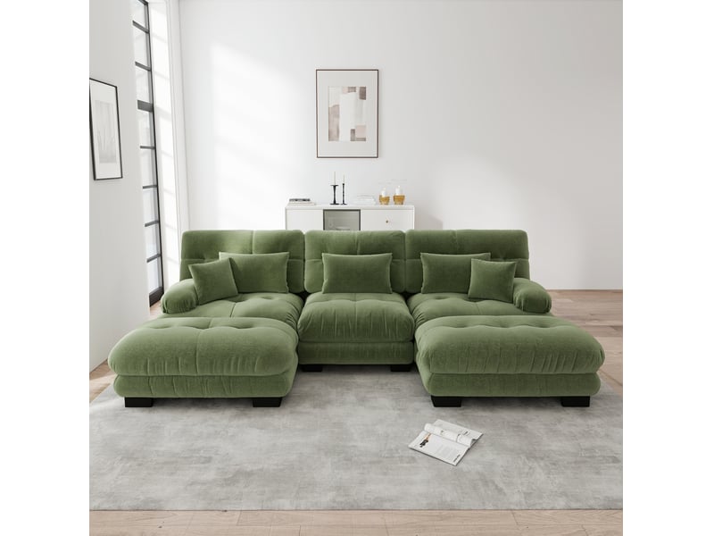  Canapé d'angle modulable convertible 3 places en chenille vert avec ottomans mobiles - 313 x 145 x 81 cm  - Conforama B