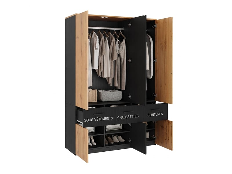 Armoire blanche 135x45x200 cm avec 2 tringles et 2 tiroirs, rangement modulable pour chambre - Conforama E