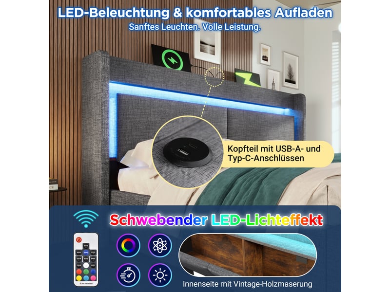Lit double 160x200 cm avec éclairage led et ports usb et usb-c, lit coffre avec sommier à lattes en bois, gris, avec matelas, lin - Conforama D