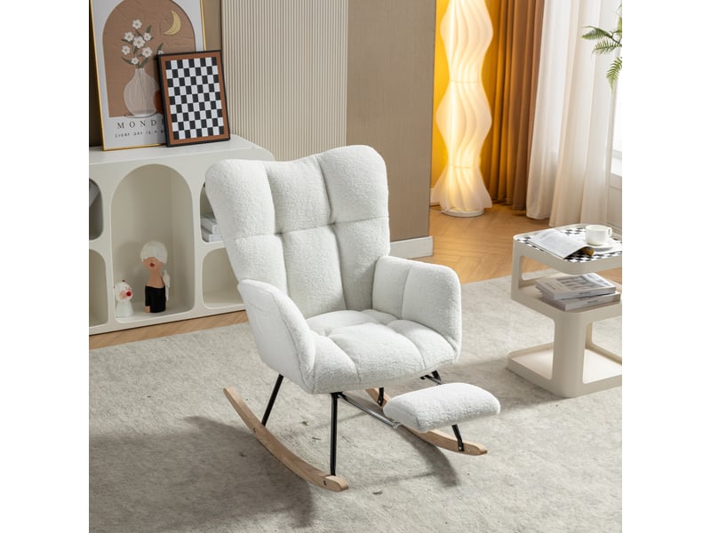  Rocking chair blanc en tissu teddy, fauteuil relax avec repose-pieds escamotable pour salon et chambre  - Conforama D