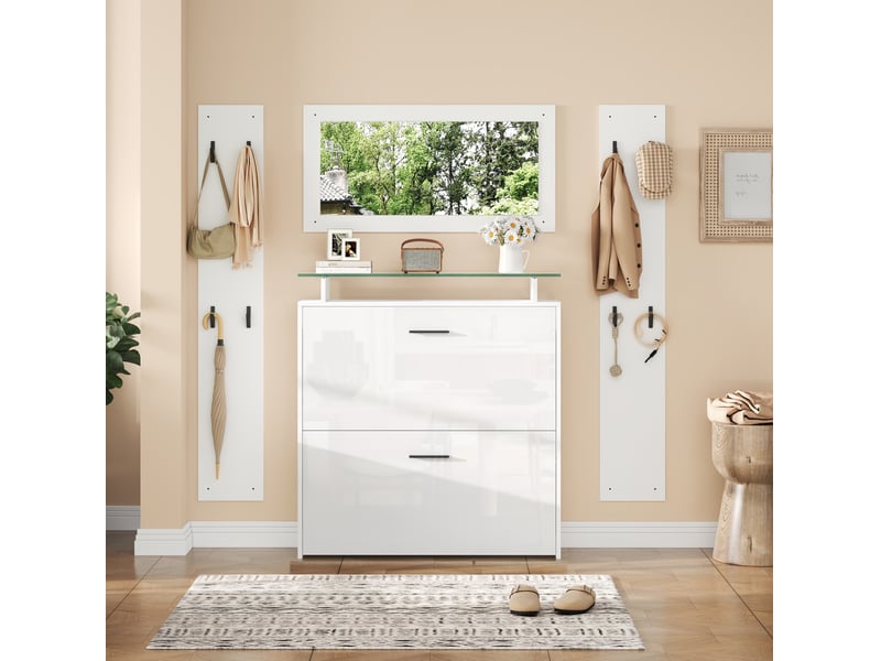  Meuble d'entrée avec miroir et 8 crochets, meuble à chaussures 4 niveaux pour couloir, blanc, 89,5 × 23 × 96,5 cm  - Conforama C