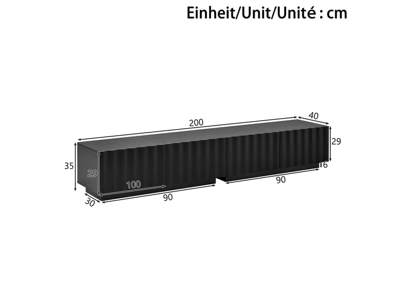  Meuble tv 200x40x35 cm, 1 tiroir, passe-câbles, push-to-open, façades texturées, grand rangement, lowboard moderne pour salon - noir  - Conforama C