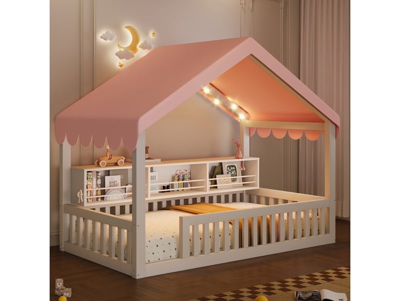  Lit cabane 90x200 cm avec baldaquin, guirlande led, sécurité, bois, blanc sans matelas  - Conforama C