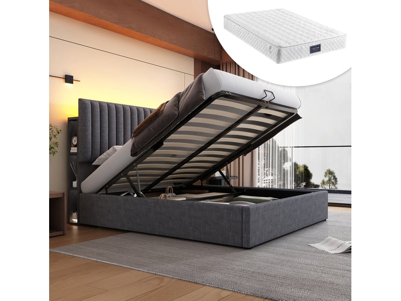Lit coffre double gris 160 x 200 cm avec matelas, led et ports usbtype-c - Conforama D
