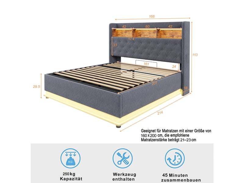  Lit coffre gris 160x200 cm – led, usb, sommier hydraulique et tête capitonnée  - Conforama C