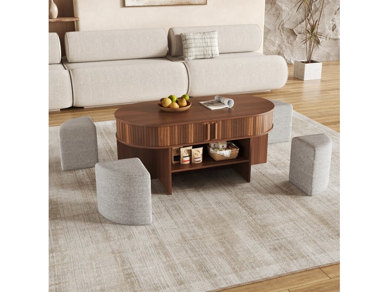  Table basse ovale avec rangement et 2 poufs en tissu, 120 x 60 cm, noyer  - Conforama B