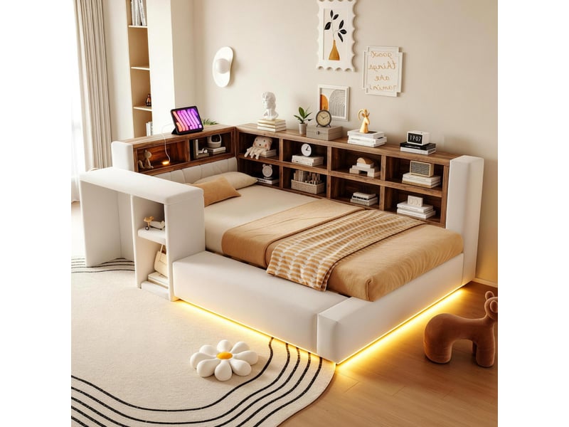  Lit, 90x200 cm, espace nuit, doté de solutions de rangement à plusieurs niveaux, led, matelas non inclus, coloris beige  - Conforama B