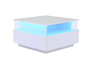 Table basse led blanche brillante 70x70 cm, 2 tiroirs avec vitrine – salon moderne