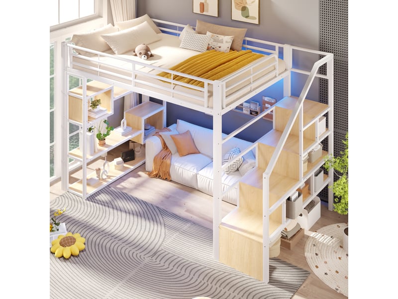 Lit mezzanine 140x200 cm, lit enfant, rangement, échelle sécurisée, barrière antichute, led, bois et métal blanc - Conforama E