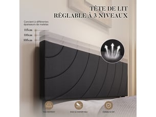 Lit 140 x 190 avec sommier à lattes, cadre de lit rembourré avec tête de lit réglable, pieds antidérapants, lit double, noir