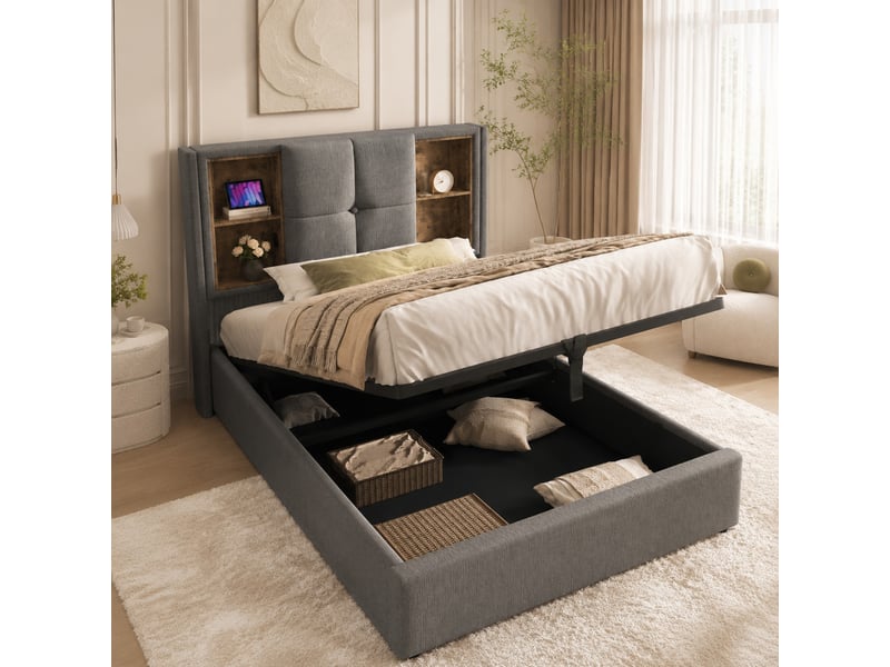  Lit 1 place 90 x 200 cm avec rangement, recharge sans fil, usb et type-c, gris coton  - Conforama C