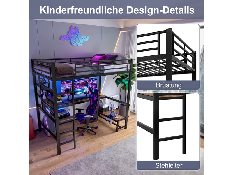 Lit mezzanine 90x200 cm noir, avec bureau, rangements, panneau perforé, échelle, led, usb-c, structure métal, sommier inclus, sans matelas - Conforama E