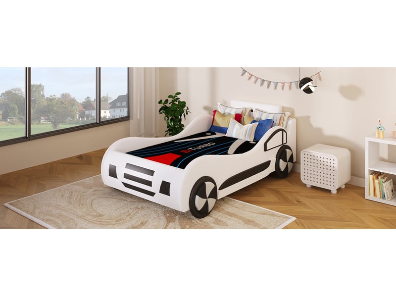  Lit enfant 90x200 cm style voiture blanc mdf et pu avec sommier à lattes et coffre hydraulique Sol Morn - Conforama B