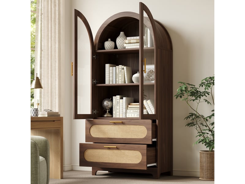  Vitrine haute 80x40x175 cm, bibliothèque avec 2 portes vitrées, 2 tiroirs et étagères réglables, arches style montmartre, marron  - Conforama B