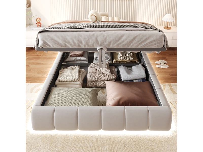  Lit coffre 140 x 200 cm sans tête de lit, led blanche et sommier à lattes beige  - Conforama D