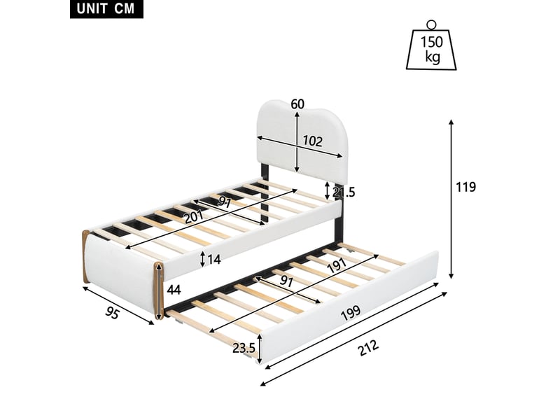  Lit gigogne rembourré 90x200 cm blanc avec lit roulant coulissant  - Conforama C