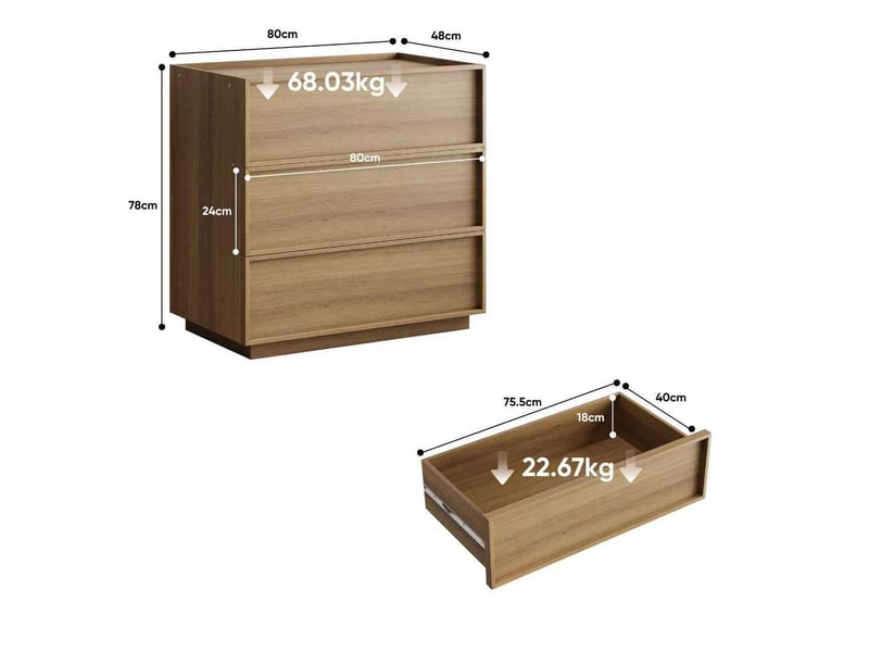  Commode 80x48x78 cm, pour salon, chambre, en mdf, meuble de chambre avec 3 tiroirs, couleur chêne  - Conforama C