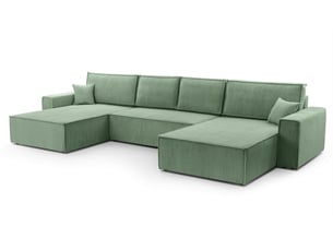 Canapé d'angle panoramique convertible <strong>AX LIVING </strong> <strong>Cedria U</strong> 5 places Velours côtelé vert avec coffre de rangement