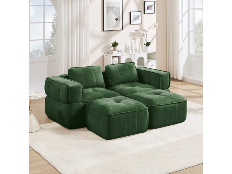 Canapé modulaire 2 places avec 2 poufs et assise profonde - lpospi - accoudoirs larges, polyester vert - Conforama B