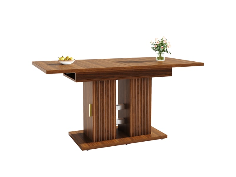 Table à manger extensible 120-160x80 cm pour 4 à 6 personnes, rangement des deux côtés avec étagères, double piètement rainuré, brun foncé - Conforama A