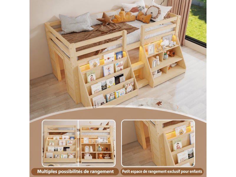 Lit mi hauteur 90 x 200 cm, lit superposé enfant multiples rangements, lit enfant avec barriere avec rangement, lit mezzanine - Conforama E