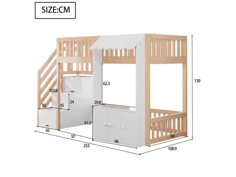 Lit mezzanine enfant 90x200 cm – bois clair et blanc – escalier rangement, led multicolores – sans matelas - Conforama C