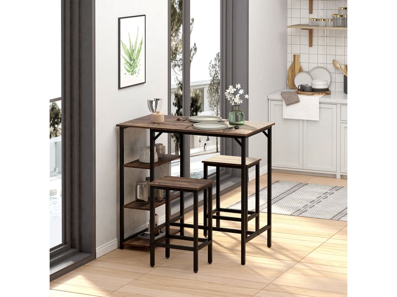  Ensemble table de bar et 2 tabourets avec repose-pieds, étagères à 3 niveaux et coussins, 109 x 60 x 100 cm, marron rustique  - Conforama C