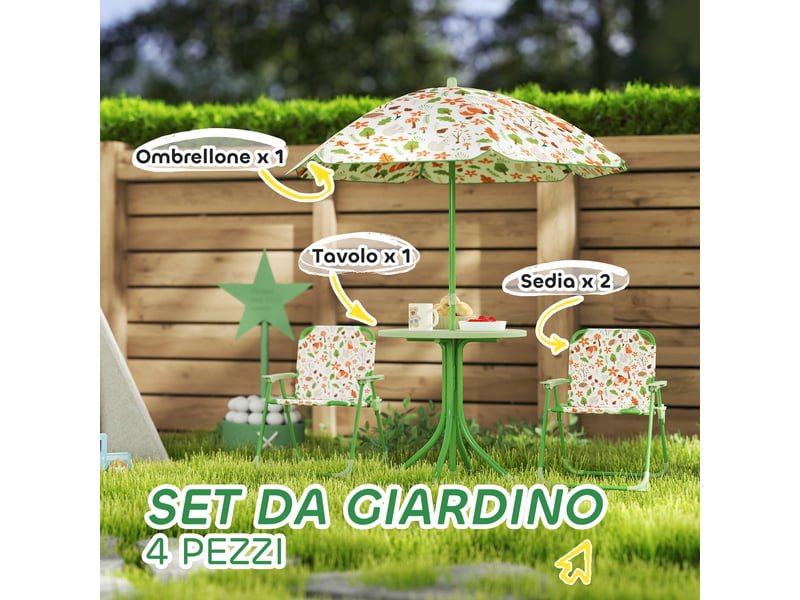Ensemble de jardin pour enfants de 2 à 5 ans comprenant une table ronde, 2 chaises pliantes et un parasol, vert - Conforama E
