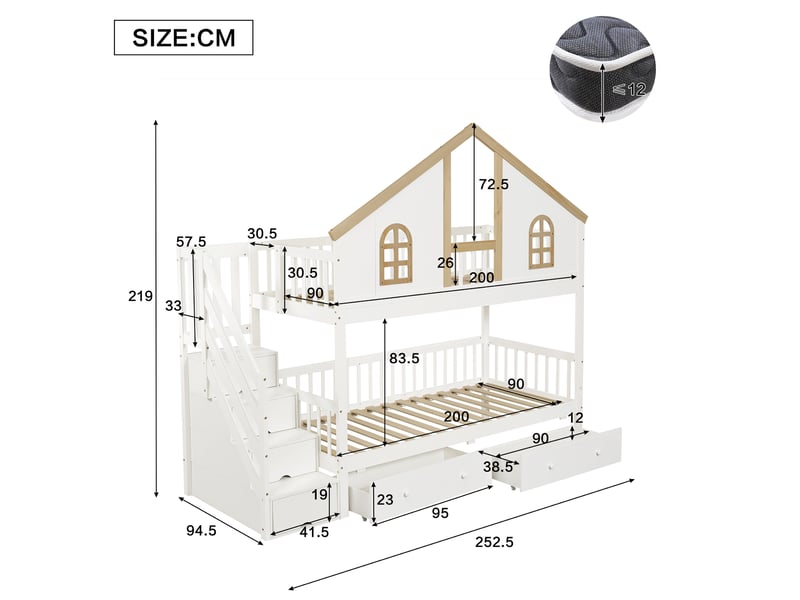  Lit superposé enfant 90 x 200 cm avec escalier de rangement et tiroirs, blanc naturel  - Conforama C