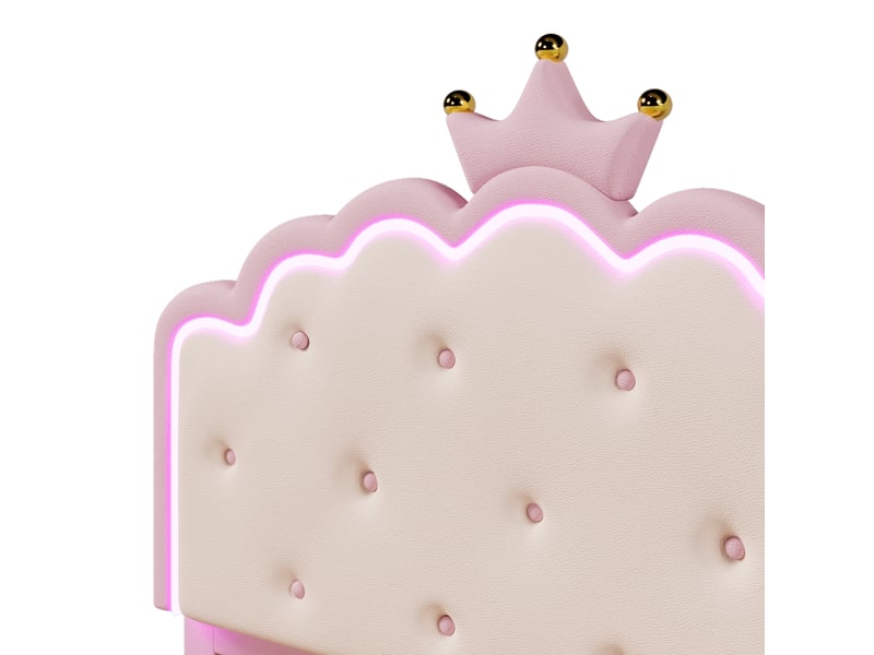  Lit 140 × 200 cm, lit gigogne 90 × 188 cm, 2 tiroirs, tête de lit couronne avec led, revêtement pu, sans matelas, rose  - Conforama E