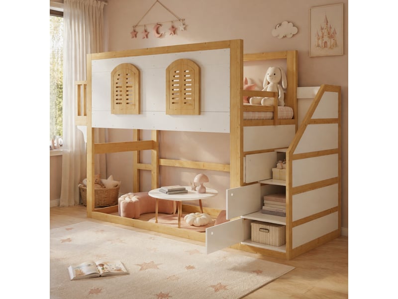  Lit surélevé enfant avec escalier de rangement blanc et naturel 90 x 200 cm  - Conforama B