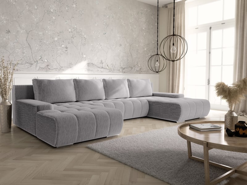Canapé d'angle convertible velutti u velours côtelé poso gris, forme u avec coffre - Conforama B