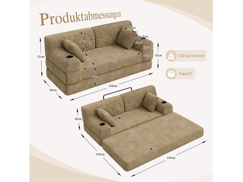  Canapé convertible 2 places en velours côtelé kaki avec dossier haut  - Conforama E