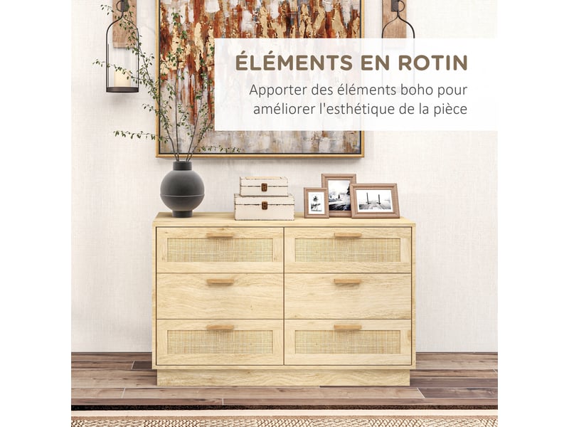  Commode design bohème en rotin avec 6 tiroirs, meuble de rangement pour le salon, le couloir, chêne, l'entrée  - Conforama A