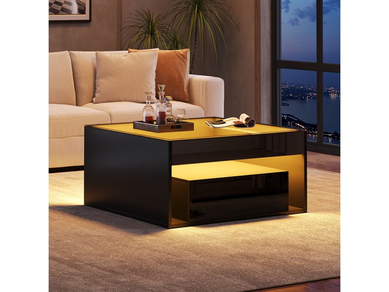  Table basse noire avec led 70x70 cm, table de salon carrée en verre trempé avec 2 tiroirs et rangement central  - Conforama W