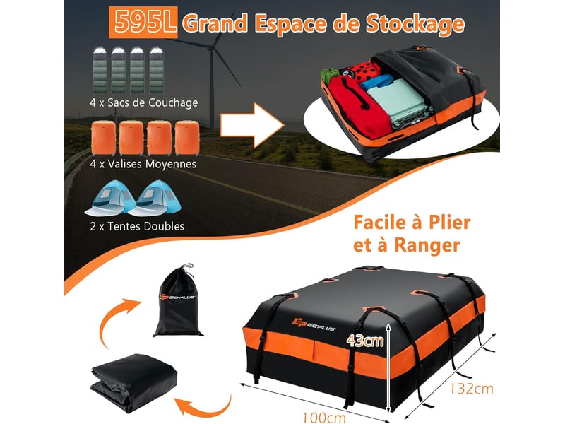 Sac de toit de voiture de 21 pieds cubes, sac de transport étanche sur le toit avec 10 sangles renforcées, tapis antidérapant et sac de rangement  - Conforama D