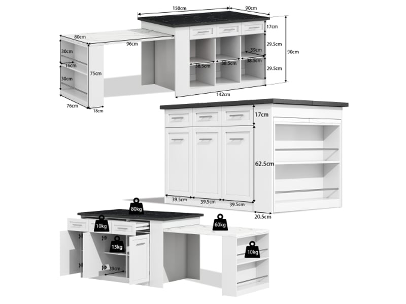  Îlot de cuisine 150+96 cm – table extensible blanche – plan bois marbré noir et blanc – rangements – cuisine familiale  - Conforama D