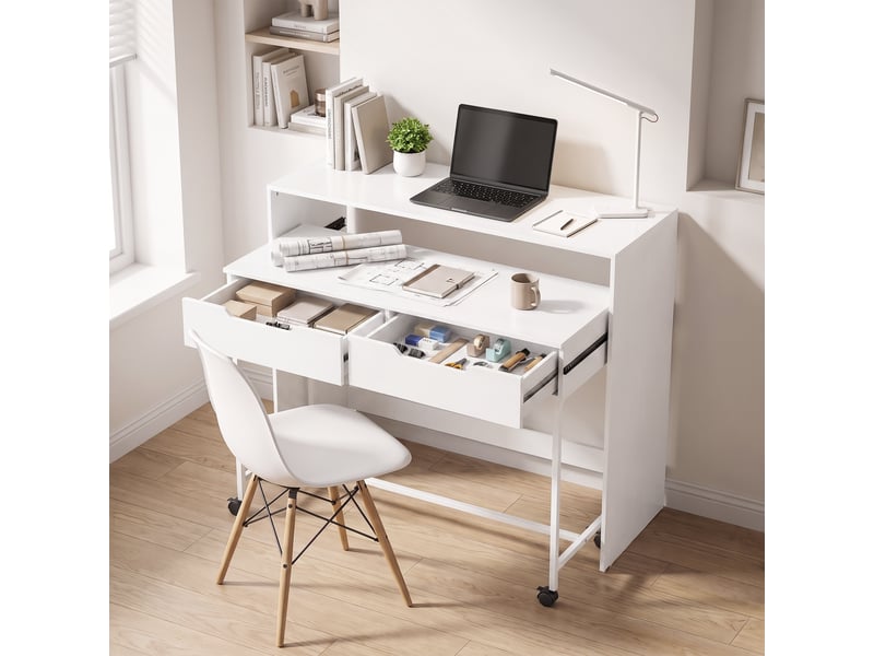 Bureau d'ordinateur extensible 100 cm avec 2 tiroirs, bureau avec rangement, style moderne, blanc - Conforama C