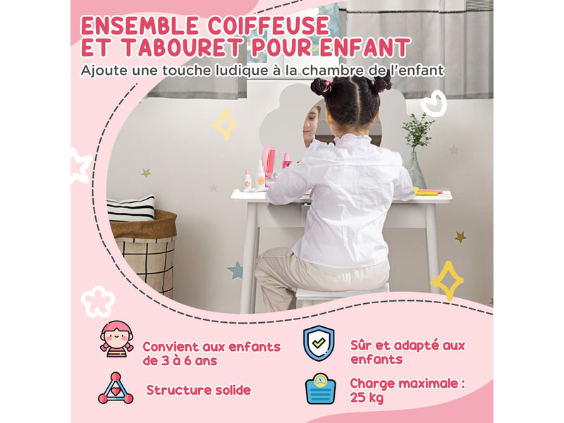 Ensemble coiffeuse pour enfant avec tabouret, coiffeuse 2 pièces pour enfants de 3 à 6 ans, miroir forme de nuage, blanc - Conforama D