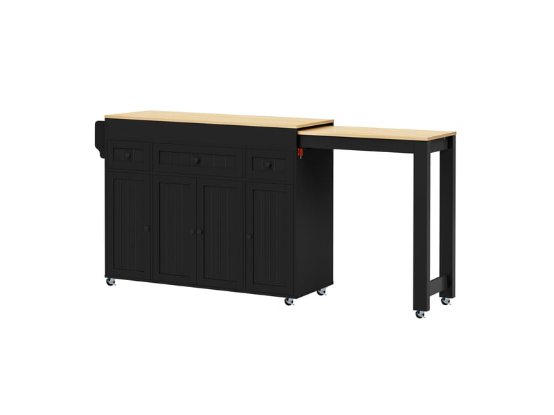  Îlot de cuisine sur roulettes avec plan de travail extensible, desserte de cuisine noire avec tiroirs et étagères, 137-190cm.  - Conforama A