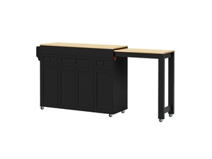 Îlot de cuisine sur roulettes avec plan de travail extensible, desserte de cuisine noire avec tiroirs et étagères, 137-190cm.